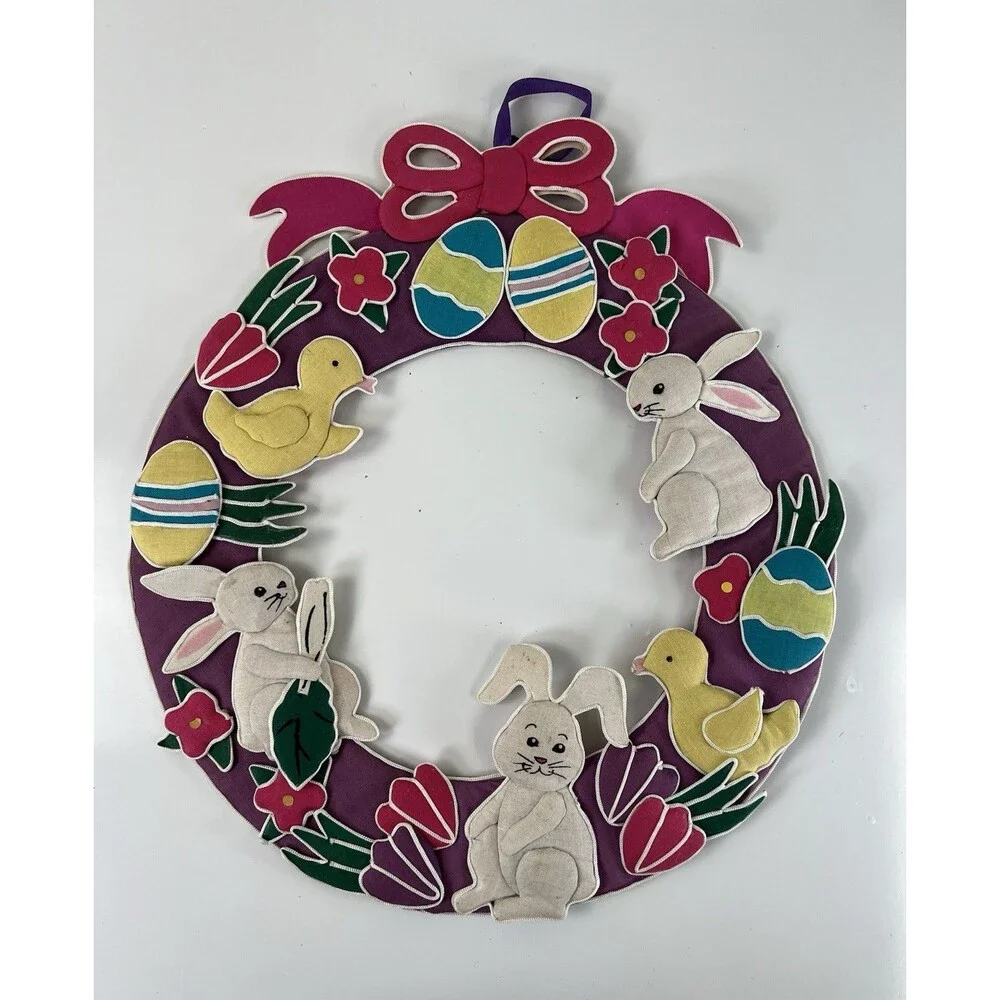 Vintage Fabric Easter Wreath Bunnies Eggs & Chicks Kitschy Holiday Decor 16''